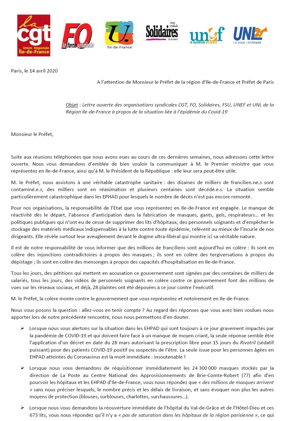 Lettre Ouverte Des Organisations Syndicales CGT, FO, Solidaires, FSU ...